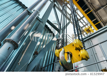 Yellow hook and chain of the factory bridge crane Yellow hook and chain of the factory bridge crane 81329947