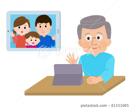 Illustration of an old man who meets with his family remotely on a tablet 81331065