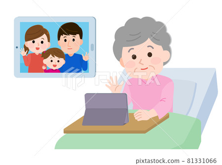 Illustration of an old woman who meets with her family remotely on a tablet while in the hospital 81331066