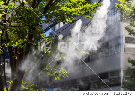 Dry mist sprayer installed on the sidewalk to overcome the heat Dry mist sprayer installed on the sidewalk to overcome the heat 81331276