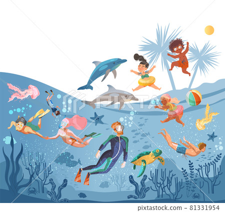 People Characters Swimming, Diving and Snorkeling in Sea Vector Illustration People Characters Swimming, Diving and Snorkeling in Sea Vector Illustration 81331954