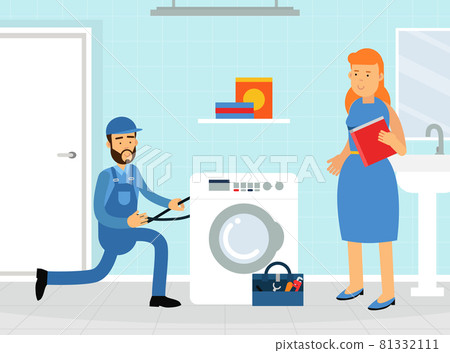 Professional Plumber in Blue Uniform Fixing Sanitary Ware Vector Illustration 81332111