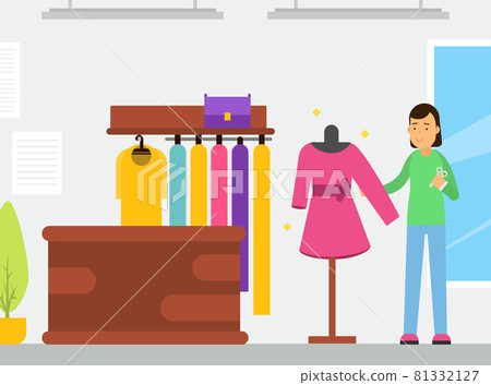Young Woman Tailor Character Sewing Dress at Workshop Enjoying Hobby Activity Vector Illustration 81332127