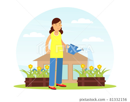 Young Woman Character Watering Flowers in the Yard Enjoying Hobby Activity Vector Illustration Young Woman Character Watering Flowers in the Yard Enjoying Hobby Activity Vector Illustration 81332156