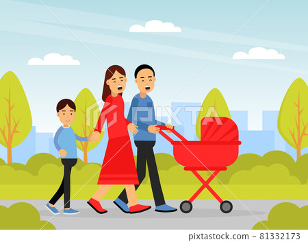 Happy Family with Mother, Father and Son Walking with Baby Carriage in the Park Vector Illustration 81332173