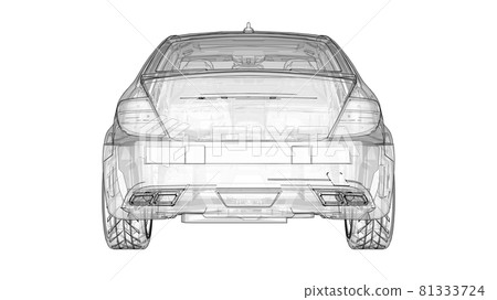 Transparent super fast sports car delineated lines on a white background. Body shape sedan. Tuning is a version of an ordinary family car. 3d rendering. 81333724