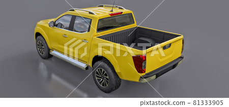 Yellow commercial vehicle delivery truck with a double cab. Machine without insignia with a clean empty body to accommodate your logos and labels. 3d rendering. 81333905