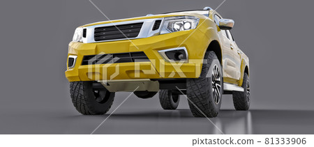 Yellow commercial vehicle delivery truck with a double cab. Machine without insignia with a clean empty body to accommodate your logos and labels. 3d rendering. 81333906