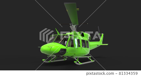 Green small military transport helicopter on black isolated background. The helicopter rescue service. Air taxi. Helicopter for police, fire, ambulance and rescue service. 3d illustration. Green small military transport helicopter on black isolated background. The helicopter rescue service. Air taxi. Helicopter for police, fire, ambulance and rescue service. 3d illustration. 81334359