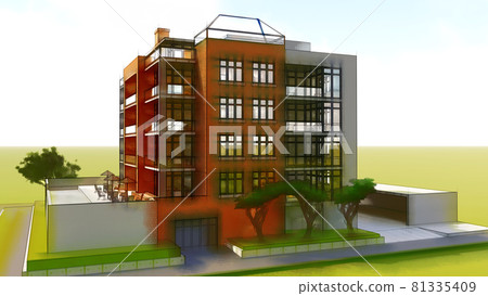 Small functional condominium with its own enclosed area, garage and swimming pool. Area with umbrellas for relaxing in warm weather. Summer Sunny day with small clouds. 3d illustration in hand-drawn 81335409