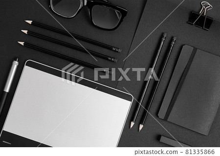 Blank notepad with clips, pens and glasses flat lay. Blank notepad with clips, pens and glasses flat lay. 81335866