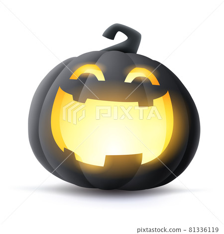 Jack O Lantern. 3D illustration of Halloween black dark pumpkin with glowing funny face expression. Isolated. 81336119