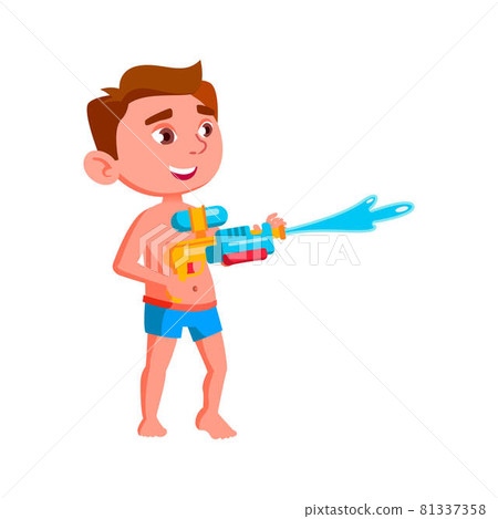 Boy Kid Playing With Water Gun On Beach Vector 81337358