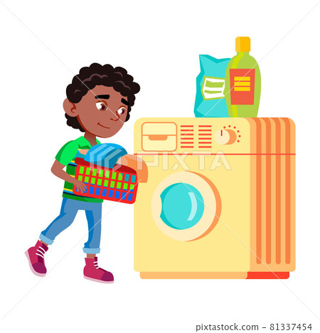 Boy Kid Doing Laundry In Washing Machine Vector - Stock Illustration ...