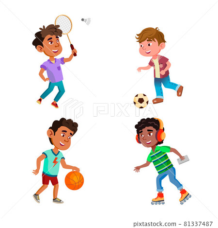 Kids Boys Play Sport Game On Playground Set Vector Kids Boys Play Sport Game On Playground Set Vector 81337487
