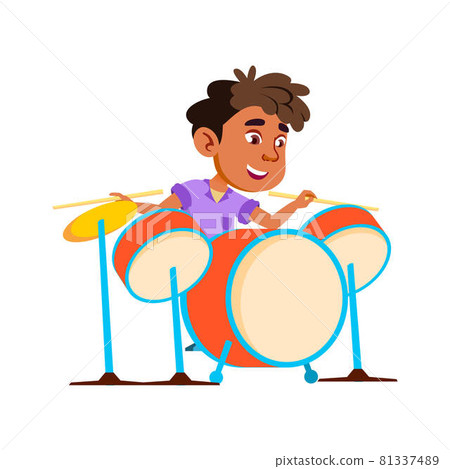 Boy Kid Playing Rock And Roll On Drum Kit Vector Boy Kid Playing Rock And Roll On Drum Kit Vector 81337489