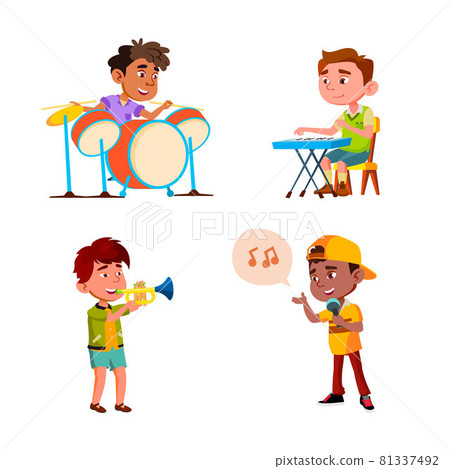 Kids Boys Playing In Music Orchestra Set Vector 81337492