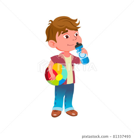 Boy Child Drinking Water On Playground Vector Boy Child Drinking Water On Playground Vector 81337493