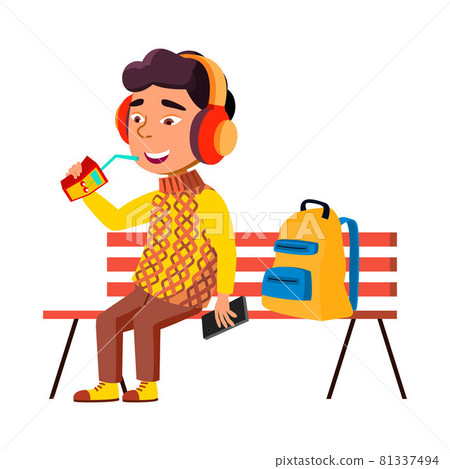 Boy Kid Sitting On Bench And Drink Juice Vector Boy Kid Sitting On Bench And Drink Juice Vector 81337494