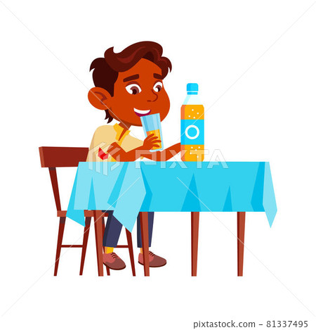 Boy Child Drinking Natural Juice At Table Vector 81337495