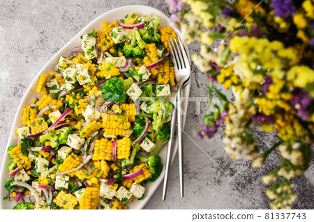 Salad with corn, cheese, broccoli and herbs Salad with corn, cheese, broccoli and herbs 81337743