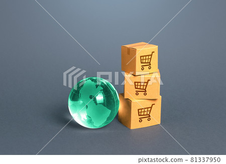 Boxes and globe online shopping. Sale of goods and services via the Internet, globalization of business and industry. Transportation, logistics. Entering new markets. Delivery and shipping 81337950