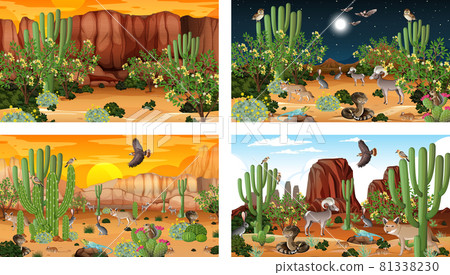 Different scenes with desert forest landscape with animals and plants 81338230