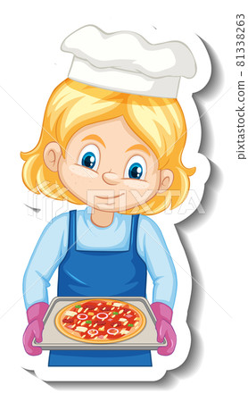 Chef girl holding baked tray cartoon character sticker 81338263