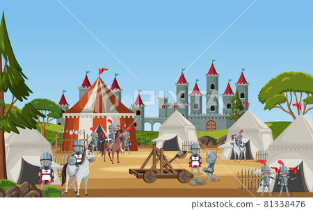 Military medieval camp with tents and weapons - Stock Illustration ...