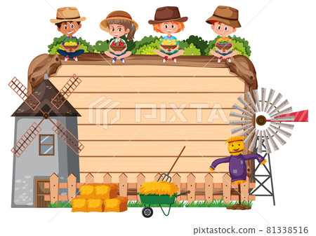 Empty wooden board with farmer kids and windmill - Stock Illustration ...