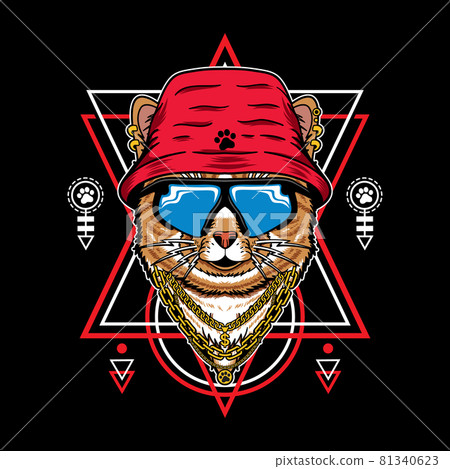 Vector Illustration of cat cartoon with vintage retro hip hop rapper style in black background. Good for logo, mascot, badge, emblem, banner, poster, flyer, social media, shirt Vector Illustration of cat cartoon with vintage retro hip hop rapper style in black background. Good for logo, mascot, badge, emblem, banner, poster, flyer, social media, shirt 81340623
