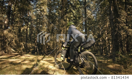 The woman travel on mixed terrain cycle touring with bike bikepacking. The traveler journey with bicycle bags. Magic forest park. The woman travel on mixed terrain cycle touring with bike bikepacking. The traveler journey with bicycle bags. Magic forest park. 81341434