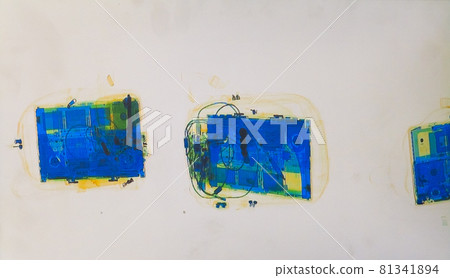 Scanned baggage on the x-ray scanner screen in the airport 81341894