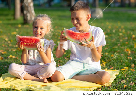 To cute kids lttle boy and girl eating juicy watermelon in the autumn park meadow To cute kids lttle boy and girl eating juicy watermelon in the autumn park meadow 81343552