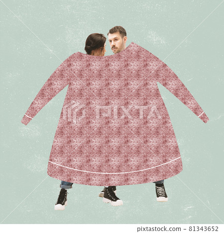 Modern design, contemporary art collage. Inspiration, idea, trendy urban magazine style. Composition with family couple keep each other warm in cold weather 81343652