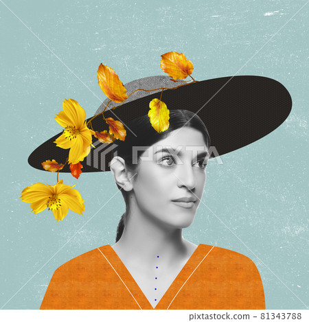 Modern design, contemporary art collage. Inspiration, idea, trendy urban magazine style. Sad woman in black hat and falling autumn leaves Modern design, contemporary art collage. Inspiration, idea, trendy urban magazine style. Sad woman in black hat and falling autumn leaves 81343788