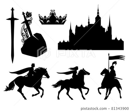 medieval fairy tale characters and setting vector silhouuete outline set medieval fairy tale characters and setting vector silhouuete outline set 81343900