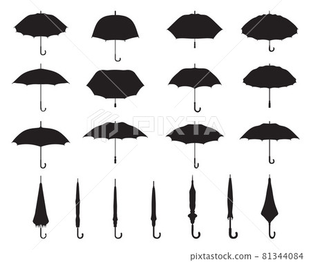 Black silhouettes of open and closed umbrellas on a white background 81344084