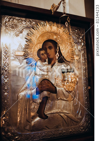 Orthodox Christian icon utensils in the church. Jesus Christ and the Mother of God. Orthodox Christian icon utensils in the church. Jesus Christ and the Mother of God. 81344233
