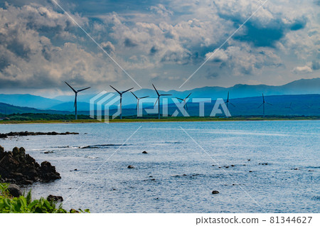 August Seascape with windmills in Suttsu, Hokkaido August Seascape with windmills in Suttsu, Hokkaido 81344627