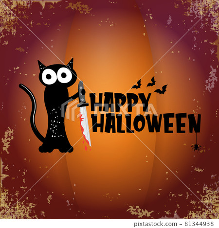 Happy halloween greeting card or banner with Black cat holding knife isolated on grunge orange background. Funny Halloween black cat holding a bloody knife . Halloween concept illustration 81344938