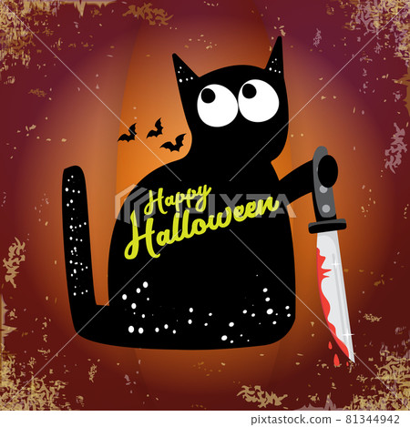 Happy halloween greeting card or banner with Black cat holding knife isolated on grunge orange background. Funny Halloween black cat holding a bloody knife . Halloween concept illustration Happy halloween greeting card or banner with Black cat holding knife isolated on grunge orange background. Funny Halloween black cat holding a bloody knife . Halloween concept illustration 81344942