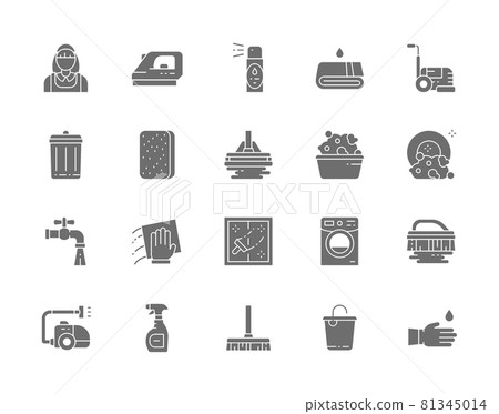 Set of Cleaning Grey Icons. Housewife, Iron, Towel, Sponge, Bucket and more. Set of Cleaning Grey Icons. Housewife, Iron, Towel, Sponge, Bucket and more. 81345014