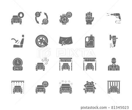 Set of Car Wash Grey Icons. Polishing Machine, Wheel Lock, Windshield and more. Set of Car Wash Grey Icons. Polishing Machine, Wheel Lock, Windshield and more. 81345023