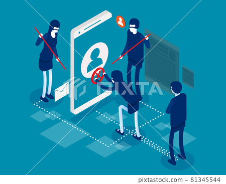 Internet hacker composition with hacker. Isometric hacker attack concept Internet hacker composition with hacker. Isometric hacker attack concept 81345544