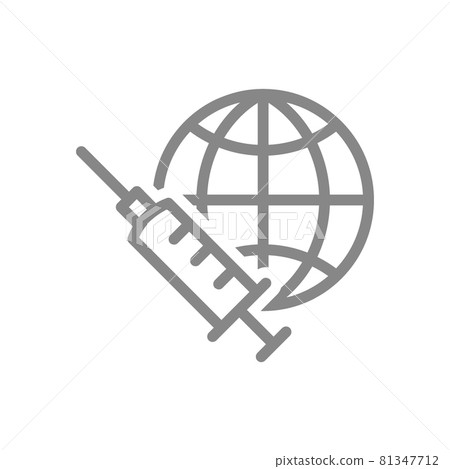 Medical syringe and the globe Earth line icon. World vaccination, population vaccination statistics 81347712