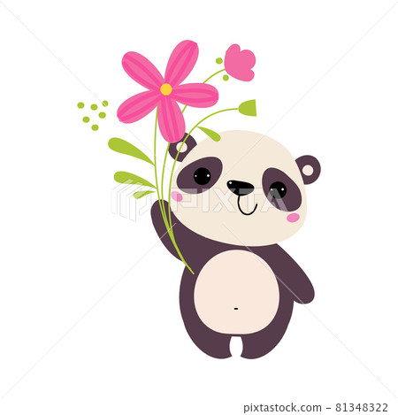 Cute Panda Bear Holding Flower on Green Stalk with Paws Vector Illustration Cute Panda Bear Holding Flower on Green Stalk with Paws Vector Illustration 81348322