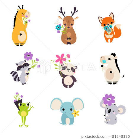 Cute Animal Holding Flower on Stalk with Paws Vector Set 81348350