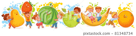 Cute little kids having fun and playing with big fruits 81348734