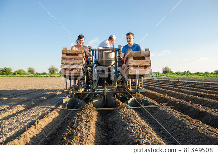 Workers on a tractor are planting potatoes. Automation of the process of planting potato seeds. High efficiency and speed. Agricultural technologies. Agroindustry and agribusiness. Farming Workers on a tractor are planting potatoes. Automation of the process of planting potato seeds. High efficiency and speed. Agricultural technologies. Agroindustry and agribusiness. Farming 81349508